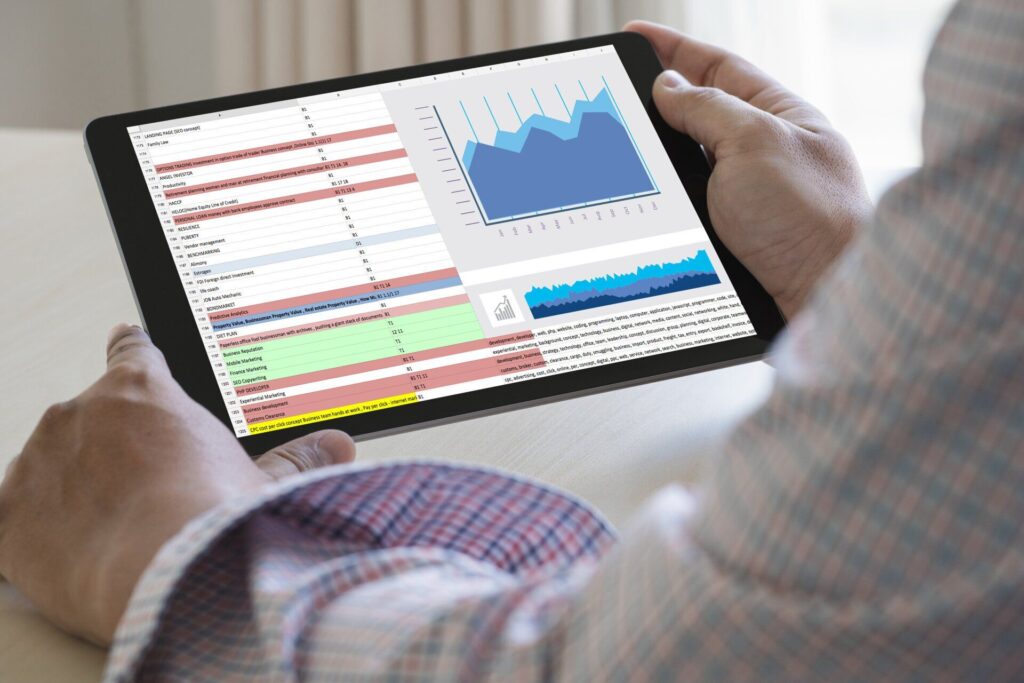 tablet showing data and charts with graphs