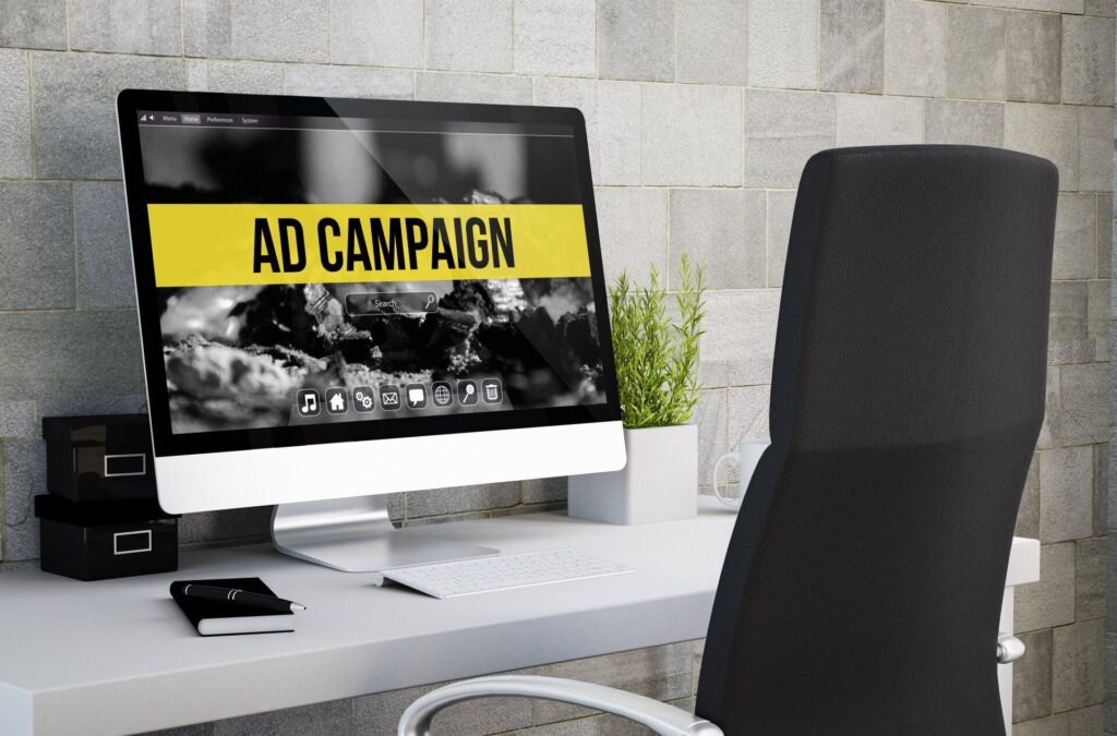 computer screen on desk showing a picture of an ad campaign